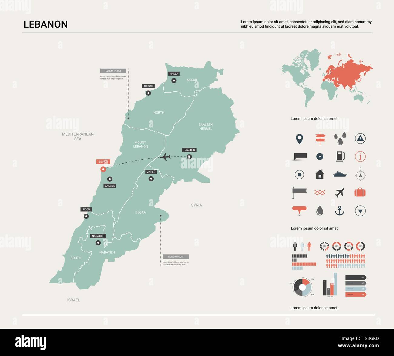 Vektorkarte des Libanon. Hoch detaillierte Landkarte mit Abteilung, Städten und der Hauptstadt Beirut. Politische Landkarte, Weltkarte, infografik Elemente. Stock Vektor