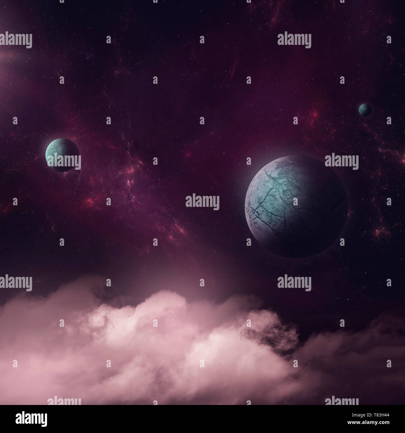 Surreal space Abbildung von Planeten foating über Raum Wolken Stockfoto