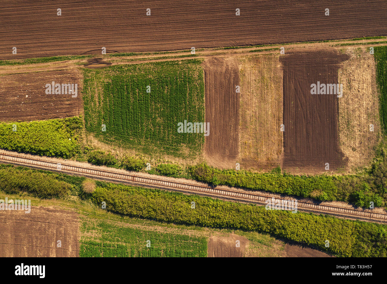 Luftaufnahme der Bahn durch die Landschaft Landschaft, top-down Perspektive von Drone pov Stockfoto