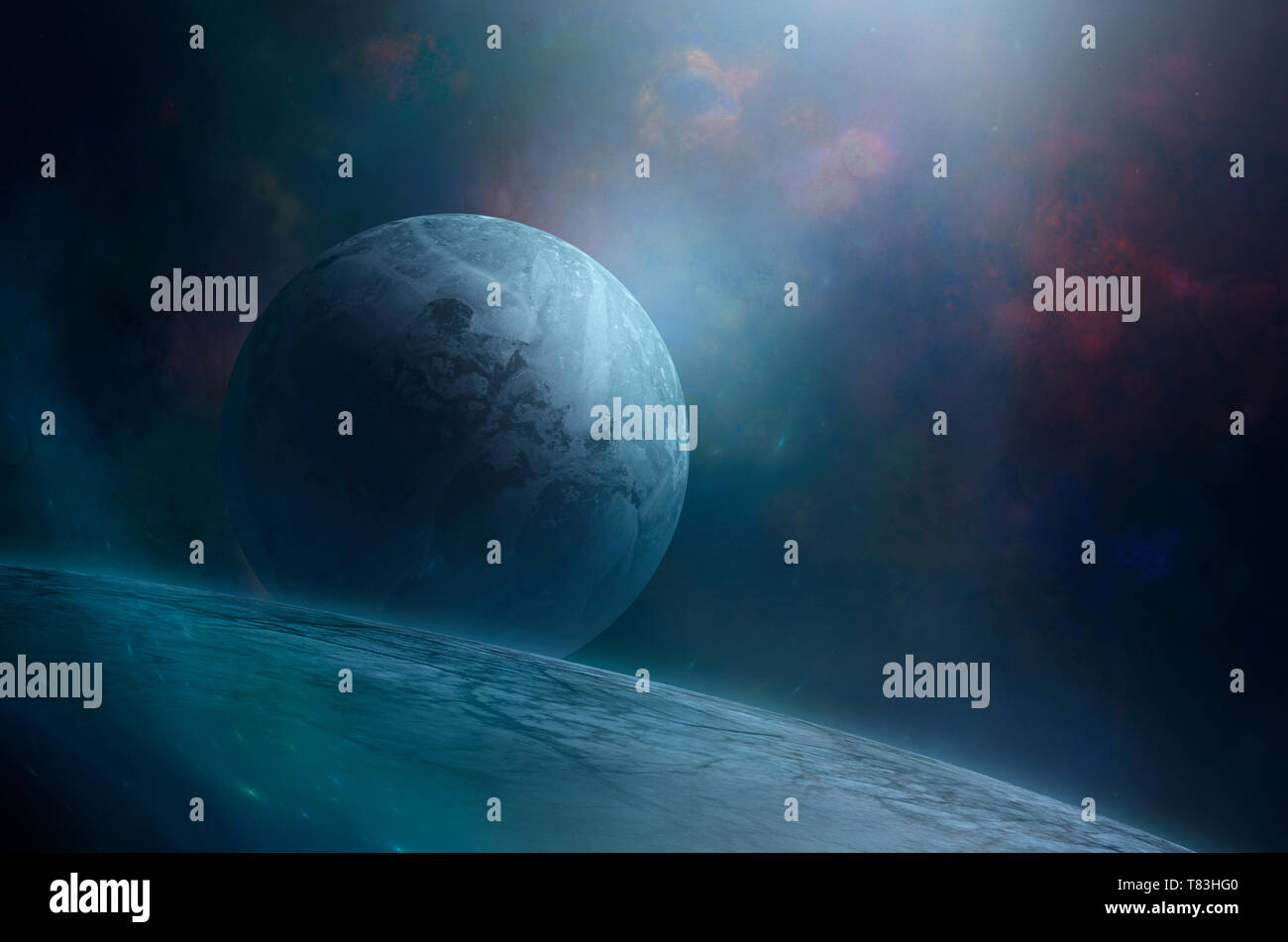 Blue Moon Rising über gigantische Cold Ice Planet im Weltraum. Geheimnisvolle sci-fi Raum Abbildung: Kalte gefrorene Welt Stockfoto