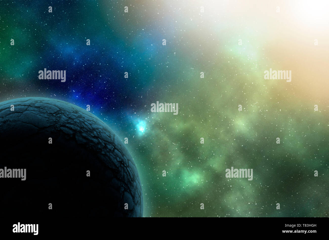 Planeten mit der Sonne flare im Raum. Sci-fi Raum Hintergrund. Platz Abbildung mit Sonneneinstrahlung Annäherung an den Planeten im Weltraum Stockfoto