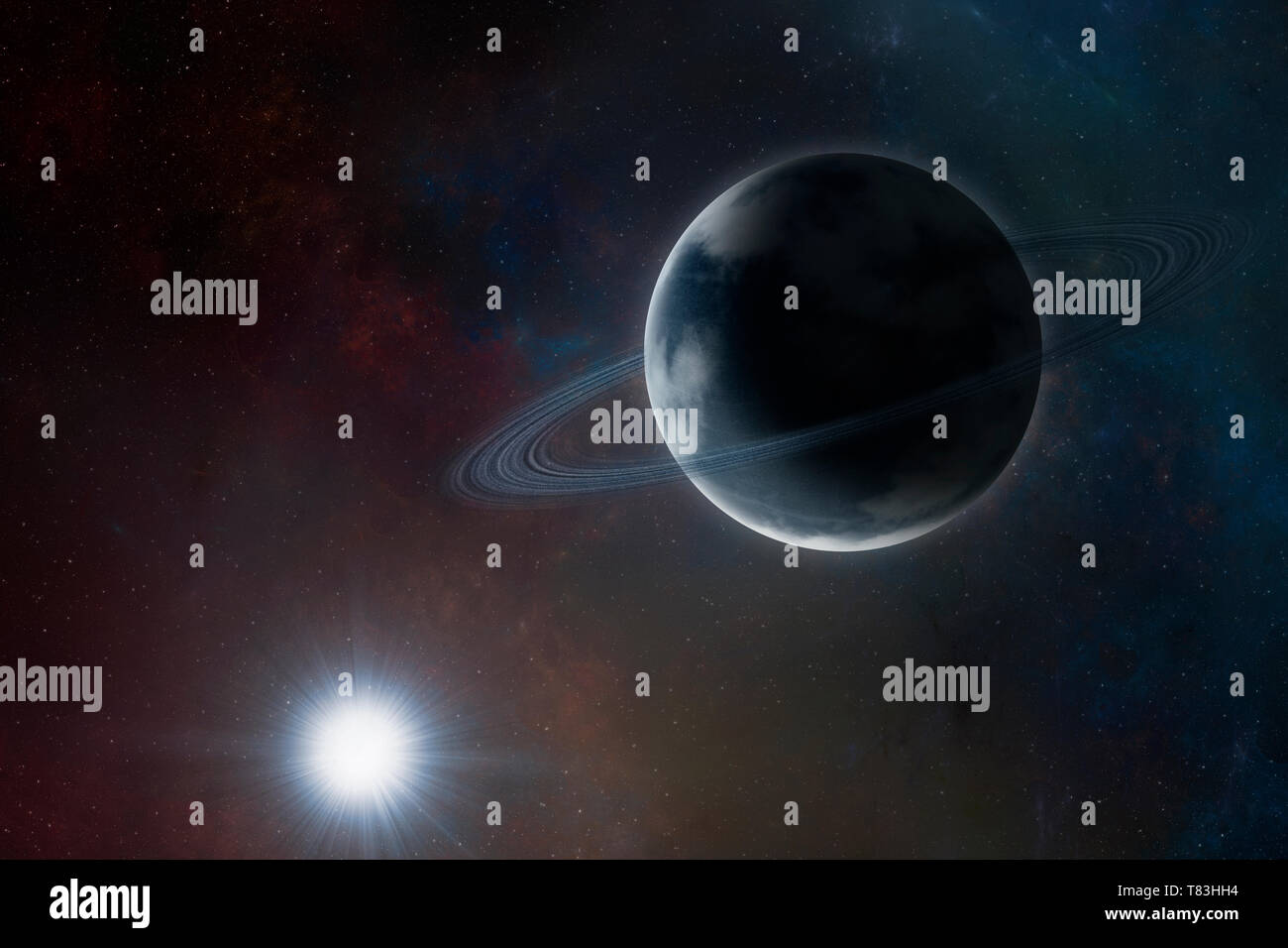 Blue Planet mit Ringen und Atmosphäre auf Platz Hintergrund in der Nähe von Sun. Sci-fi Space Art mit exoplanet. Surreal space Abbildung mit ringplaneten Stockfoto