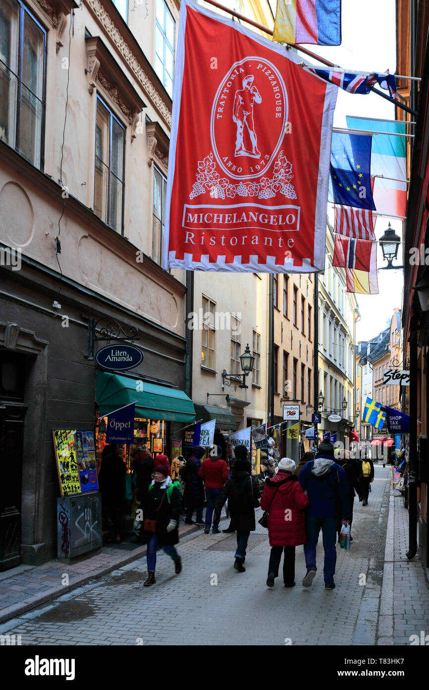 Geschäften und Gebäuden in der Gamla Stan, Stockholm, Schweden, Europa Stockfoto