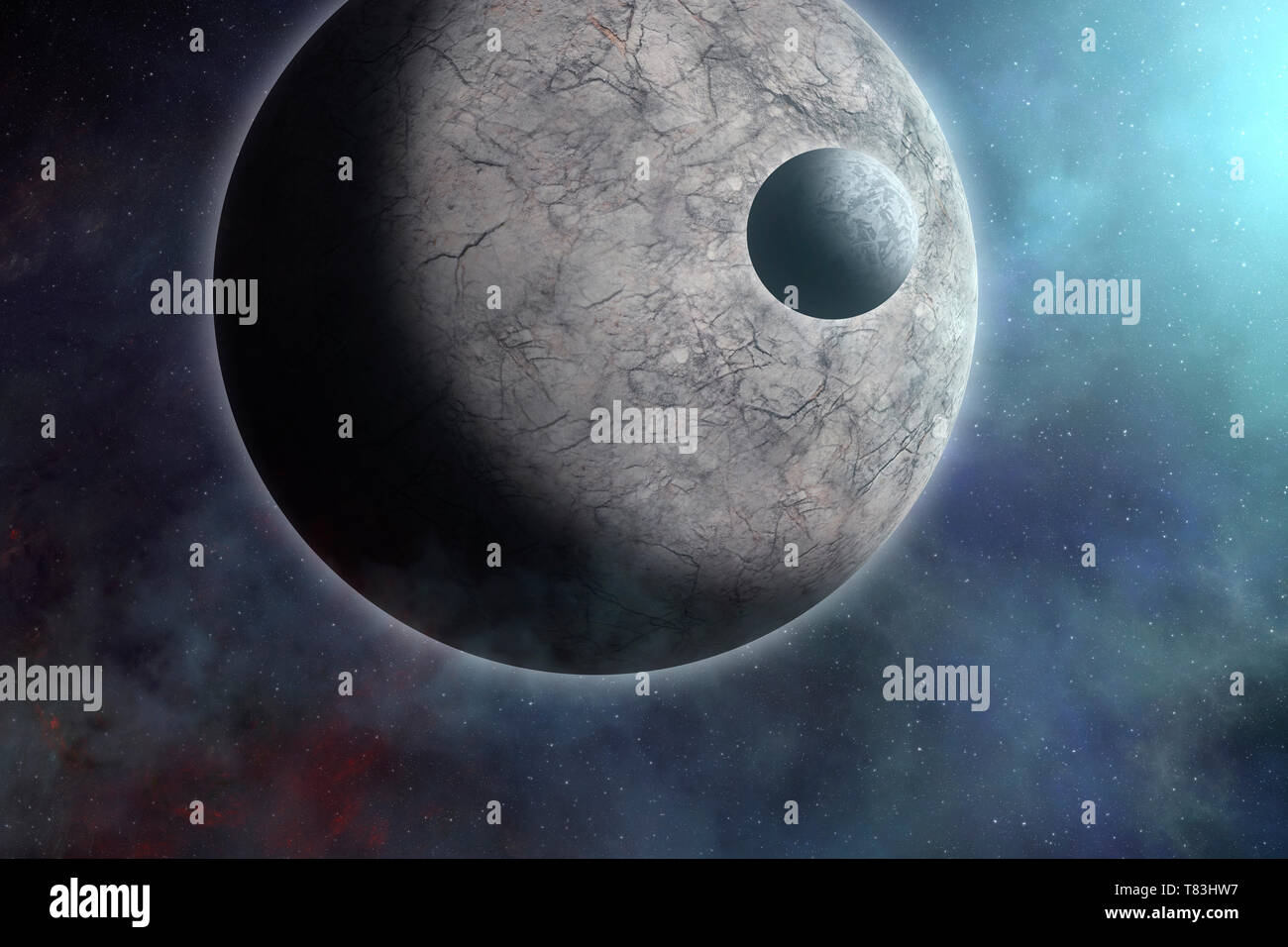 Space sci-fi fantasy Hintergrund mit Planeten, Mond und Sterne. Felsige Planeten und Satelliten in der Nähe von Sun. Surreale sci-fi Raum Hintergrund Stockfoto