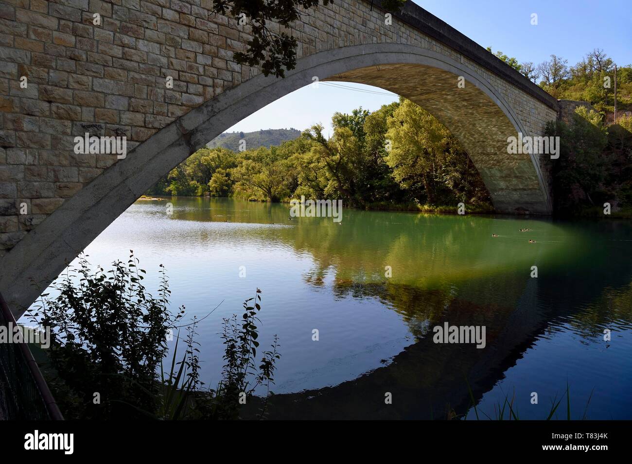 Frankreich, Alpes de Haute Provence, Parc Naturel Regional du Verdon (Regionalen Naturpark von Verdon), Gréoux-les-Bains, Brücke über die Ufer der Fluss Verdon Stockfoto