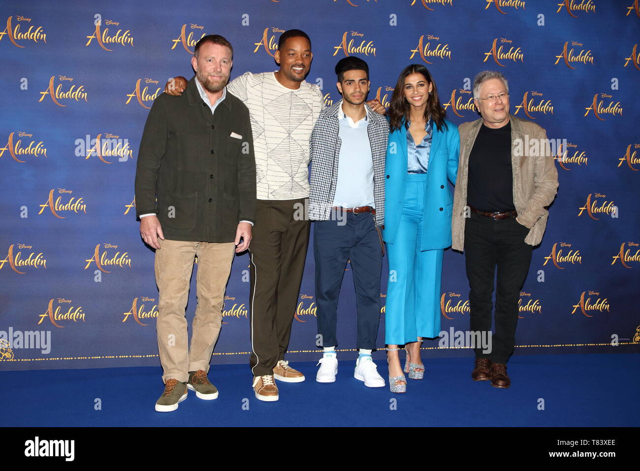 Guy Richie, Will Smith, Mena Massoud, Naomi Scott, Alan Menken im Aladdin Cast Photocall im Rosewood Hotel, Holborn gesehen. Stockfoto