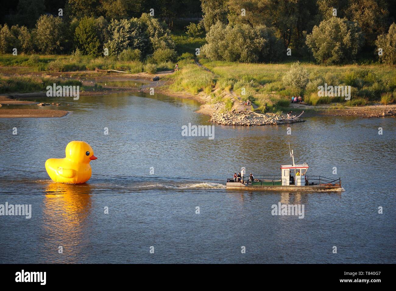 Warschau, Polen - 18. JUNI 2016: Gelb große aufblasbare Ente zog auf der Weichsel in Warschau. Es förderte eine lokale Firma Duckie Deck. Stockfoto