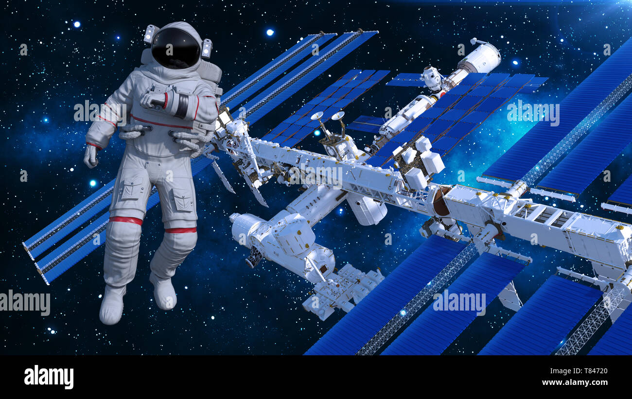 Astronaut im Weltraum schweben über Raumstation, Kosmonaut mit Raumfahrzeugen im Hintergrund, 3D-Rendering Stockfoto