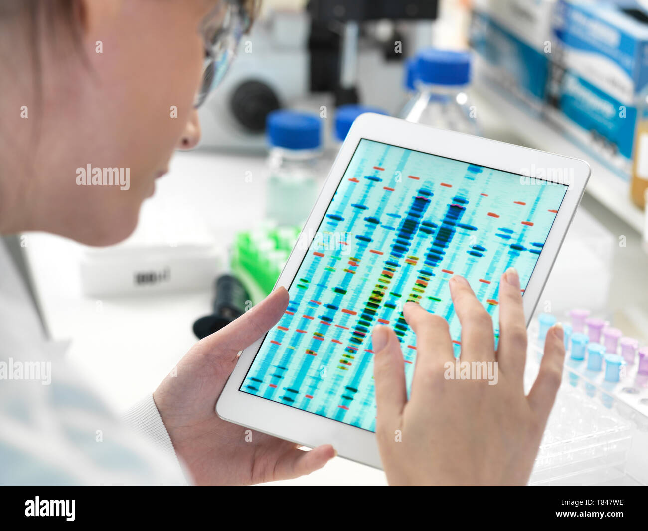 Wissenschaftlerin untersucht DNA-Sequenz Ergebnisse für digitale Tablette im Labor Stockfoto