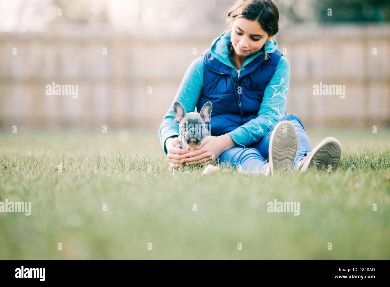 Mädchen spielen mit Welpen auf Gras Stockfoto