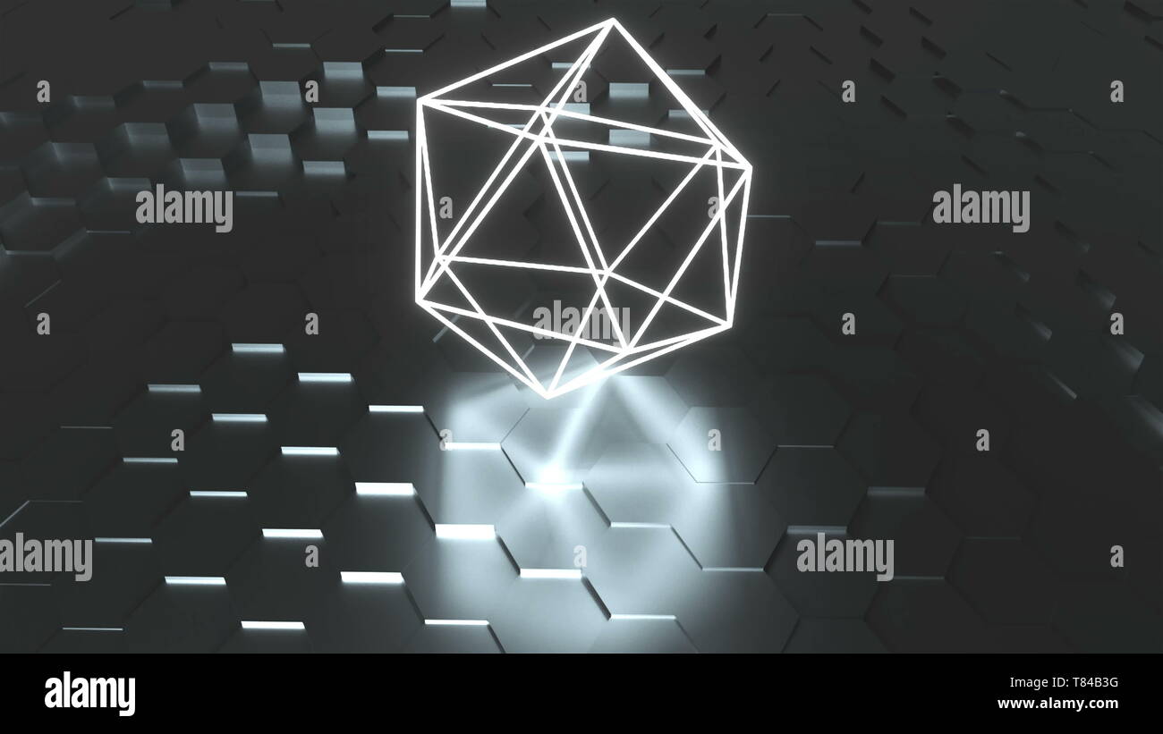 Neon atom Symbol sind auf der Oberfläche mit Reflexion, futuristischen 3d-render Hintergrund, Ikosaeder geometrische Form Stockfoto