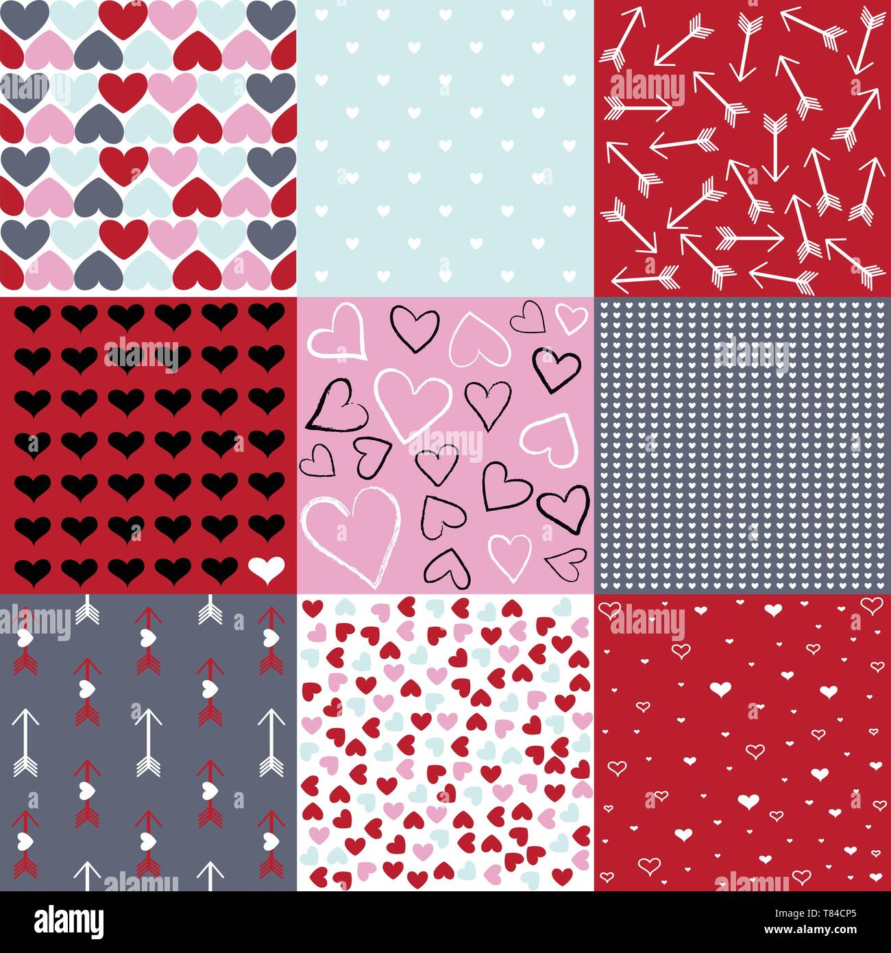 Nahtlose Muster für Valentinstag, Satz mit 9 Stock Vektor