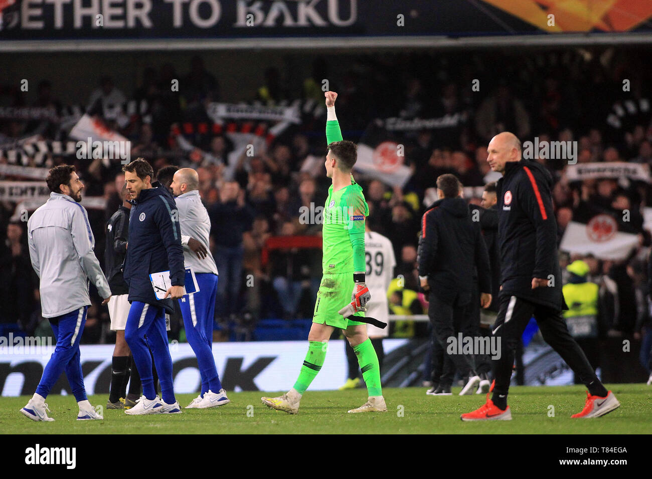 London, Großbritannien. 9. Mai 2019. Kepa Arrizabalaga, der torwart von Chelsea (M) feiert nach dem Elfmeterschießen aus. UEFA Europa League, Halbfinale, 2. Bein übereinstimmen, Chelsea v Eintracht Frankfurt an der Stamford Bridge in London am Donnerstag, 9. Mai 2019. Dieses Bild dürfen nur für redaktionelle Zwecke verwendet werden. Nur die redaktionelle Nutzung, eine Lizenz für die gewerbliche Nutzung erforderlich. Keine Verwendung in Wetten, Spiele oder einer einzelnen Verein/Liga/player Publikationen. pic von Steffan Bowen Credit: Andrew Orchard sport Fotografie/Alamy leben Nachrichten Stockfoto