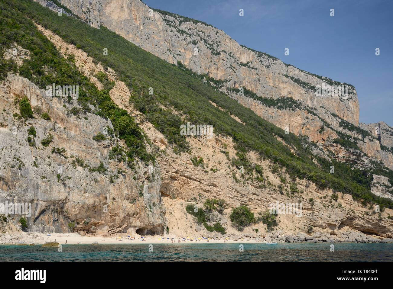 Cala Dei Gabbiani, ein schmaler Sandstrand unter hohen Kalkfelsen, Golf von Orosei und Gennargentu Nationalpark, Baunei, Sardinien, Italien, Juni 2018. Stockfoto