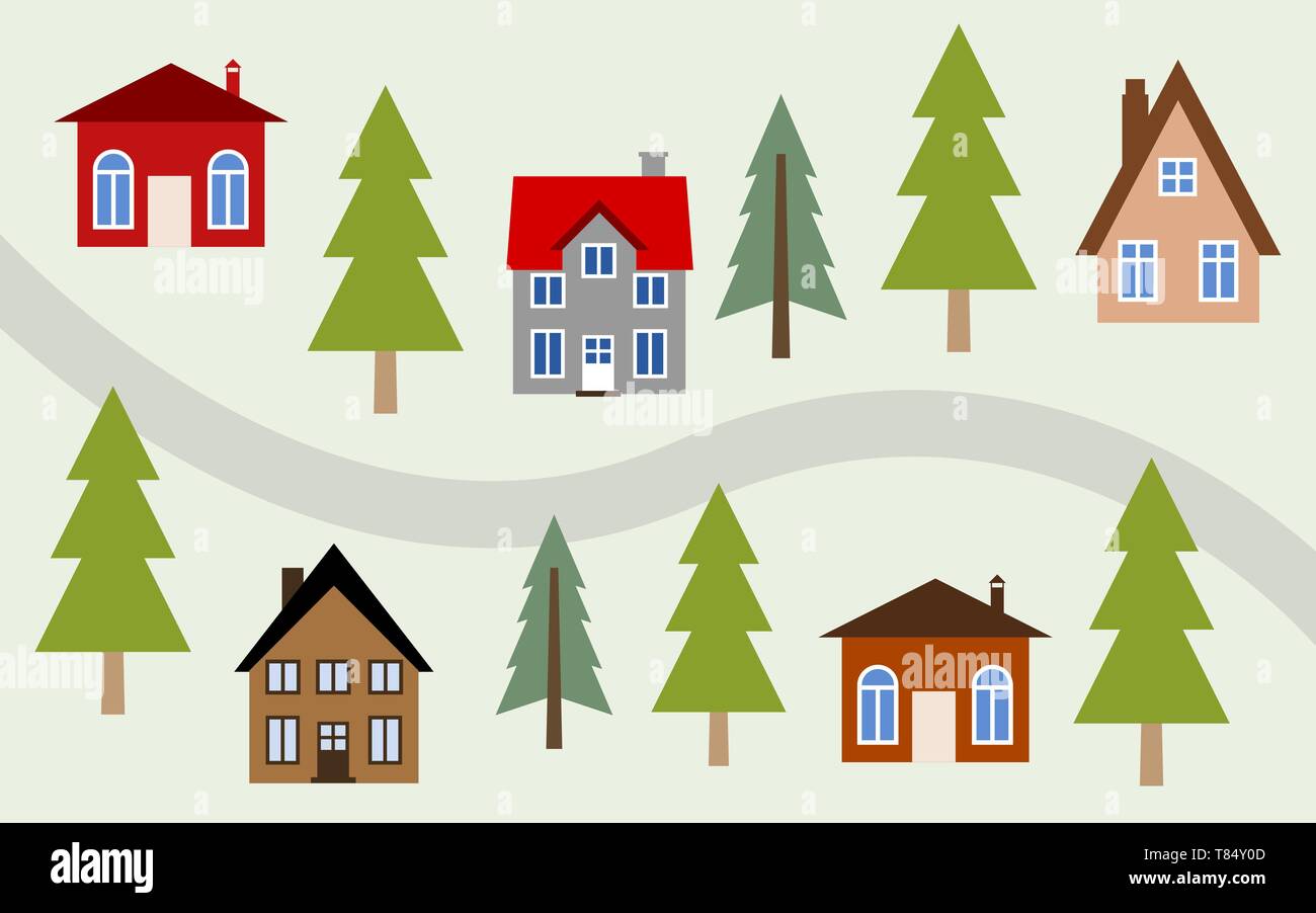 Cartoon Dorf Illustration - niedliche Häuser entlang der Straße. Stock Vektor