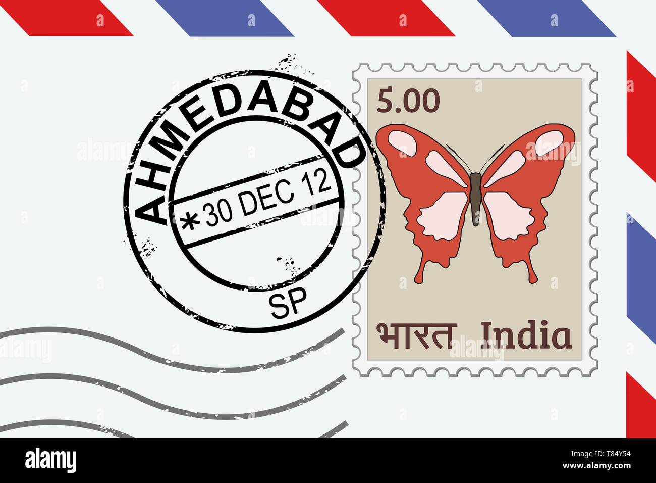Ahmedabad Briefmarke - Indien post Stempel auf eine Lettern. Stock Vektor