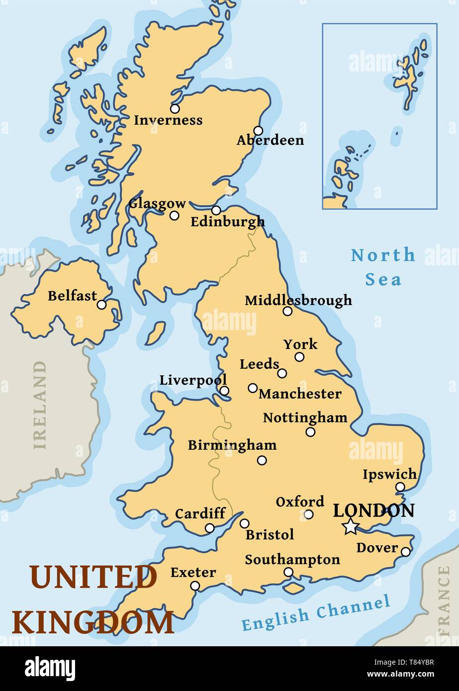 Großbritannien Karte Vektor - wichtige Städte auf der Karte von Großbritannien gekennzeichnet. Stock Vektor