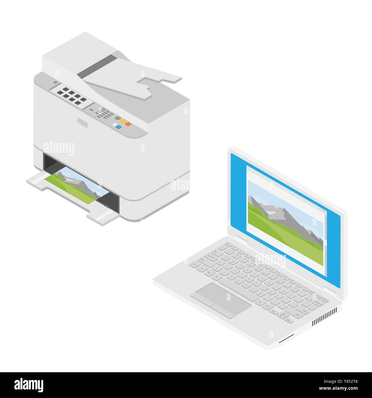 Realistische isometrische Laptop Computer und Drucker. Drucken hochwertiger  Fotopapier Stock-Vektorgrafik - Alamy