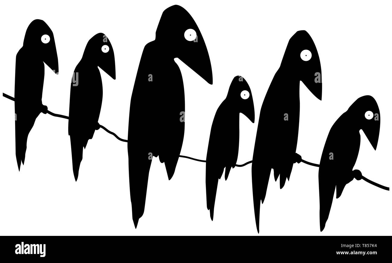 Vögel sechs Krähen thront cartoon Silhouetten schwarz, Vector Illustration, horizontal, über Weiß, isoliert Stock Vektor