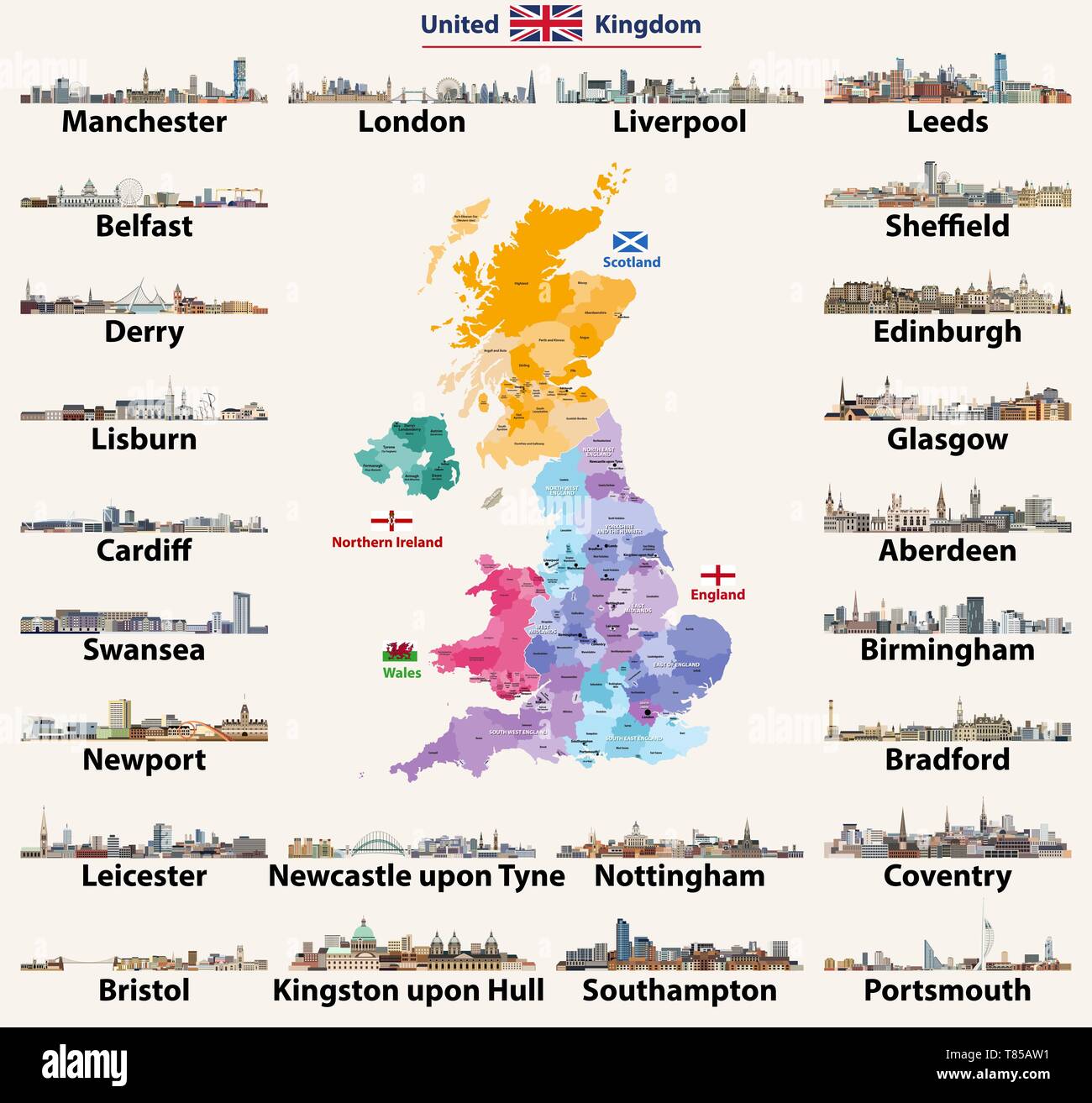 Vereinigtes Königreich Städte Skylines Symbole. Hoch detaillierte Karte von Großbritannien Stock Vektor
