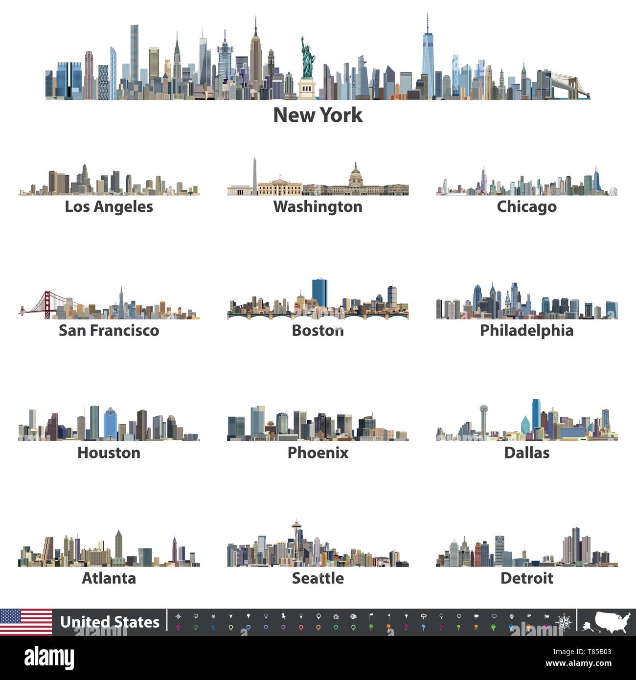 Vector Illustration der Vereinigten Staaten größte Städte Skylines Stock Vektor