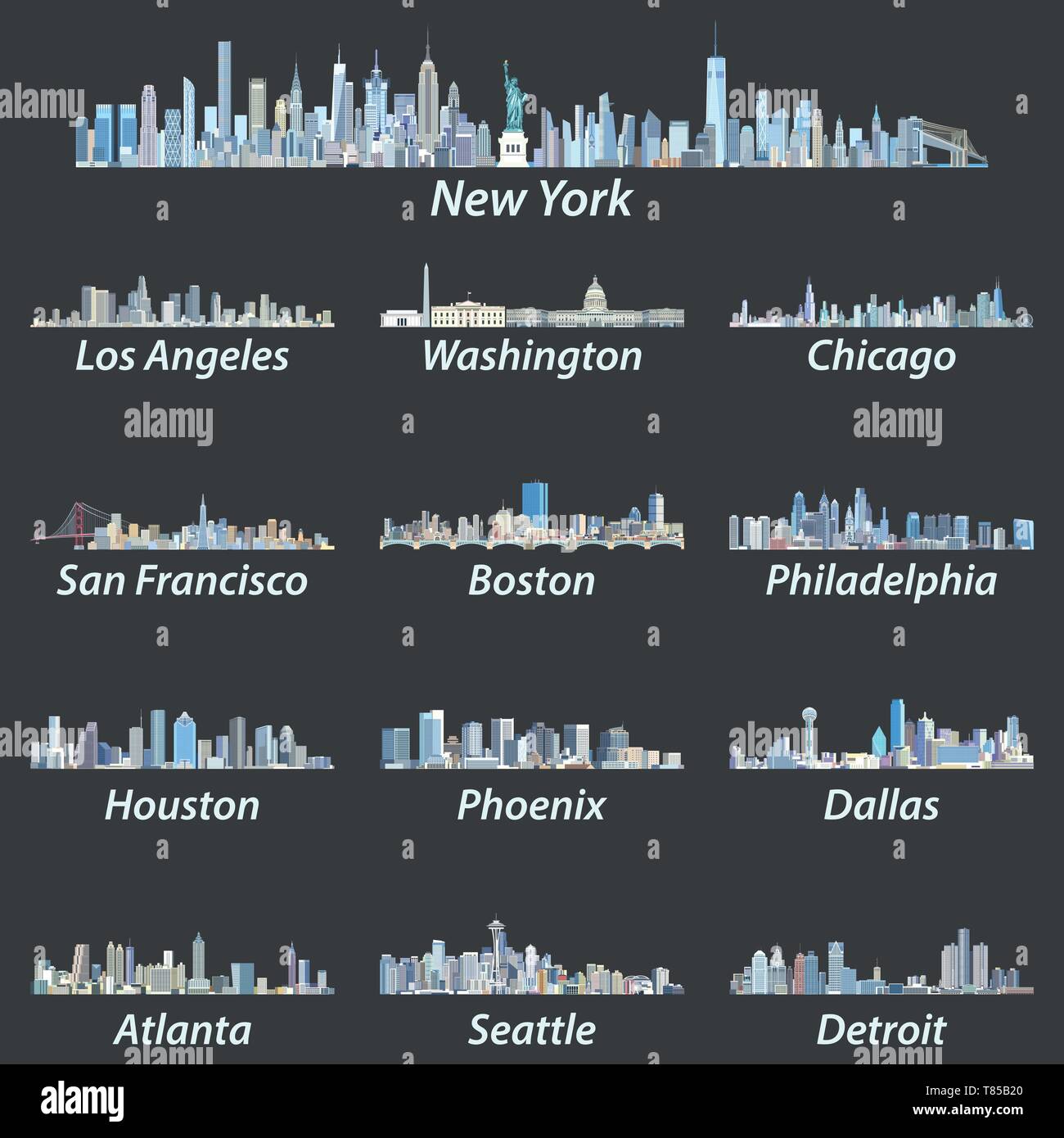 Vector Illustration der Vereinigten Staaten größte Städte Skylines Stock Vektor