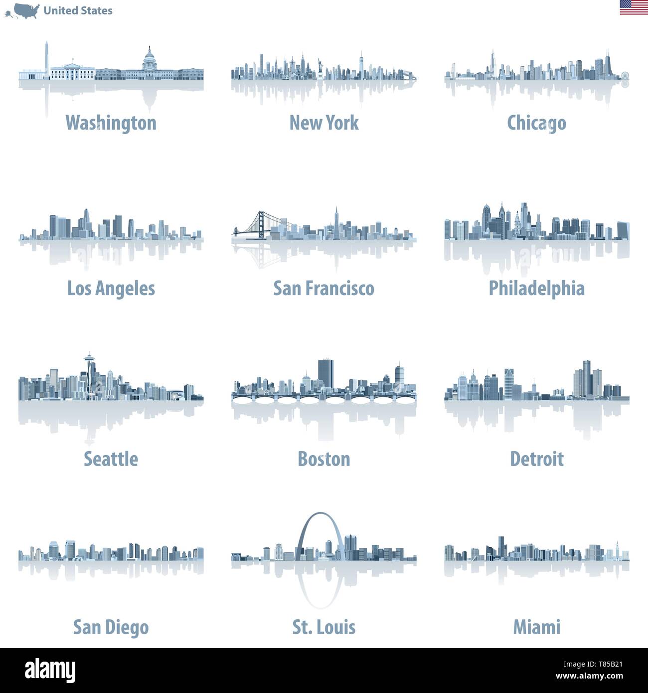 United States Städte Skylines in Hellblau Farbpalette mit Wasser Reflexionen. Stock Vektor