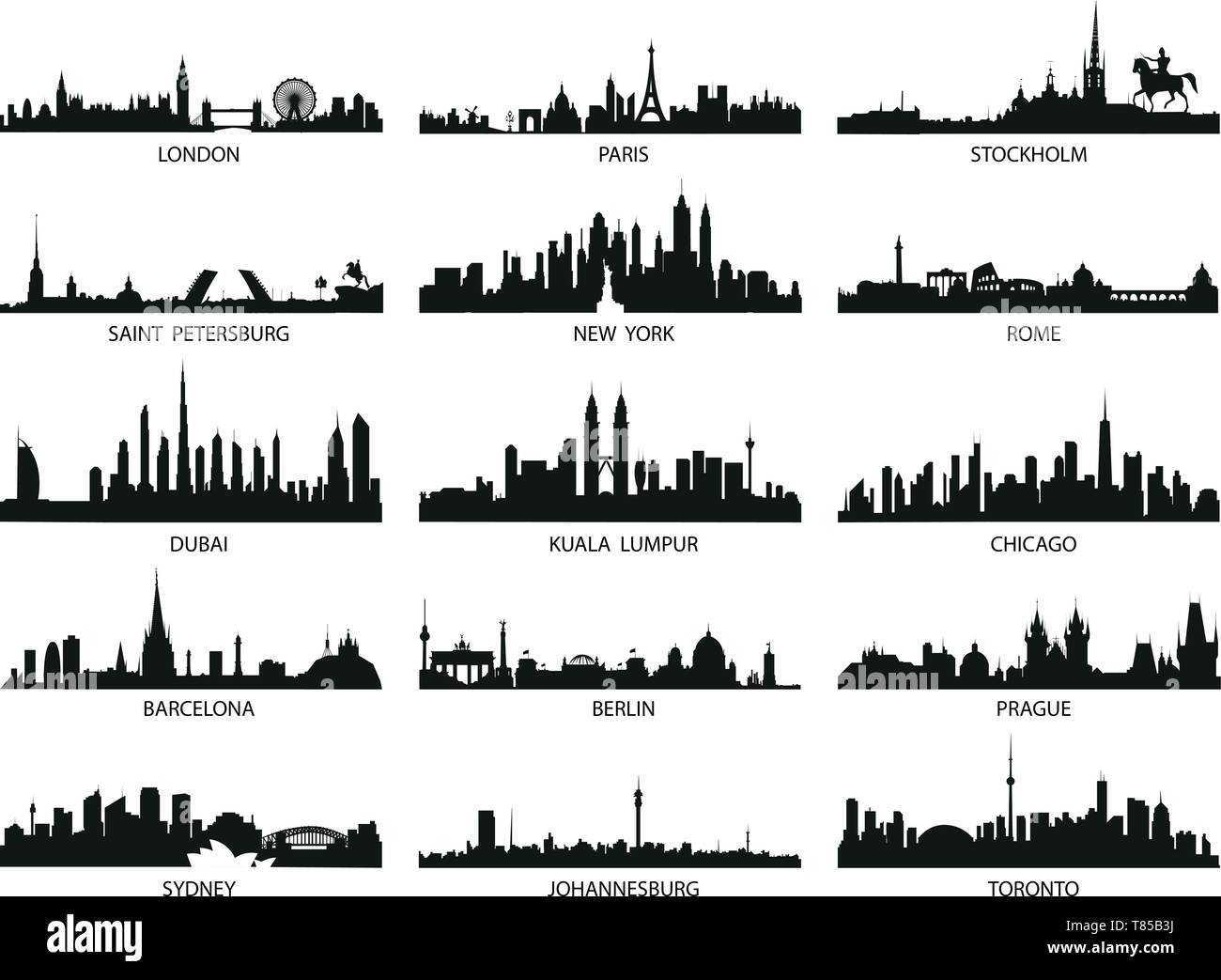 Vektor Silhouetten der Welten Skylines Stock Vektor