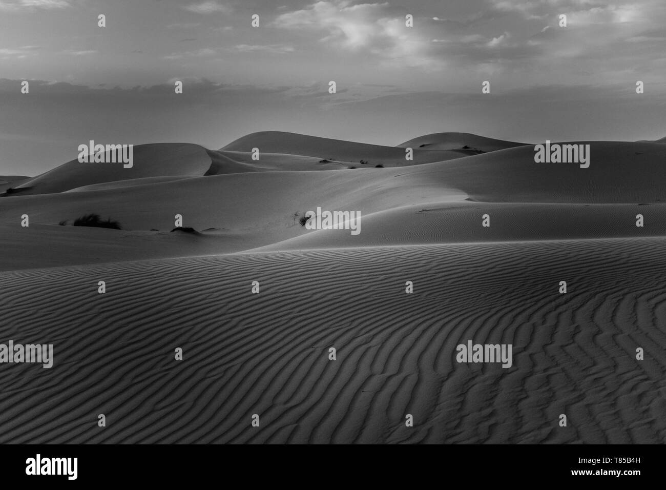 Schöne Landschaft der Sanddünen der Wüste Sahara in der Dämmerung, Merzouga, Marokko Stockfoto