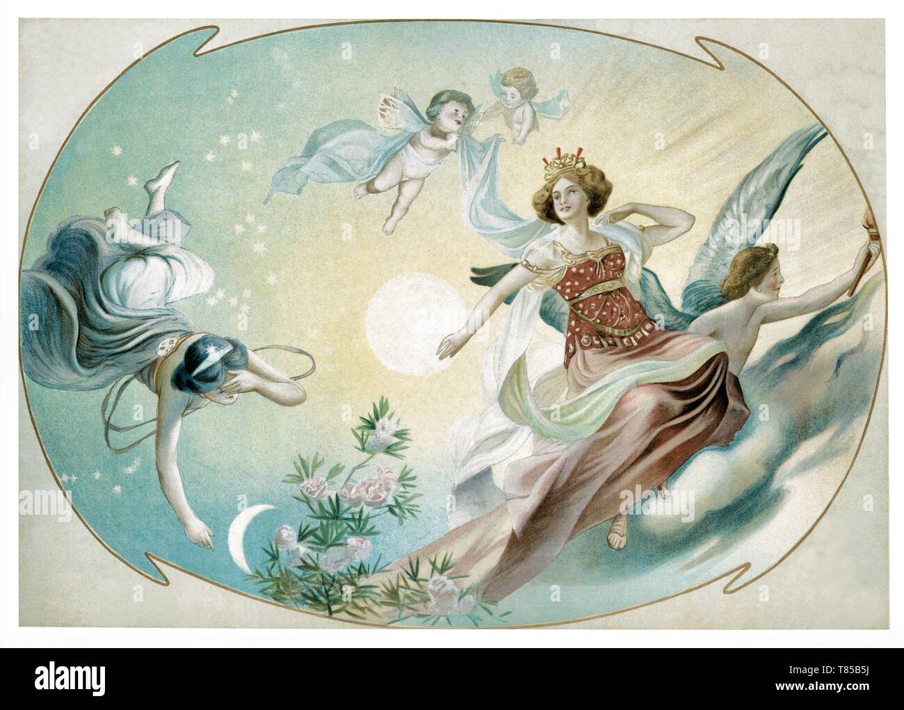 Malerei: Decke mit Engel und Putten in einem blauen Himmel - Vintage Abbildung durch figurative Malerei 1910 Stockfoto