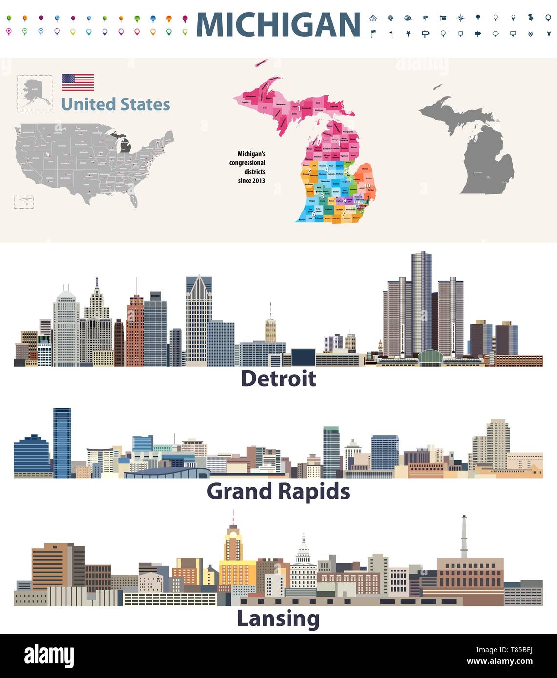 Michigan's Kongreßbezirke Karte mit Kapital und größere Städte Skylines von Michigan. Vector Illustration Stock Vektor