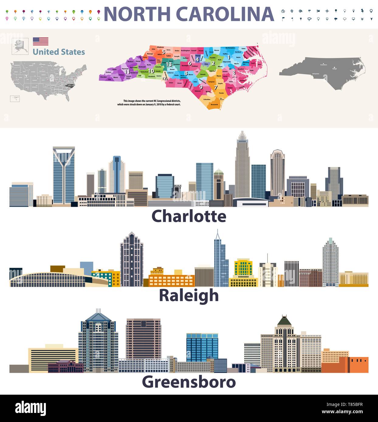 Vektor Kongreßbezirke Karte und größere Städte Skylines von North Carolina Stock Vektor