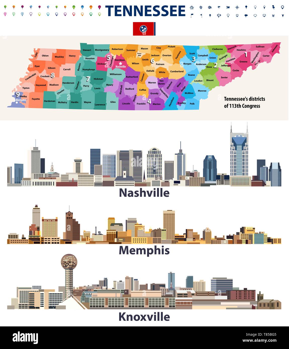 Vektor Kongreßbezirke Karte und größere Städte abstrakte Skylines von Tennessee State Stock Vektor