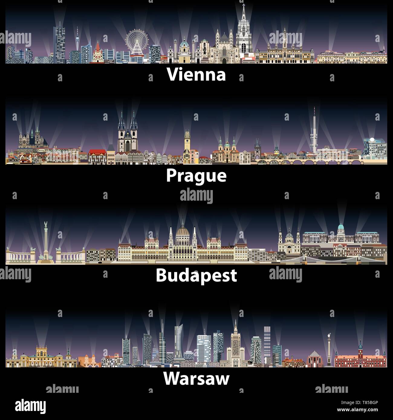 Vektor Skylines von Wien, Prag, Budapest und Warschau Stock Vektor