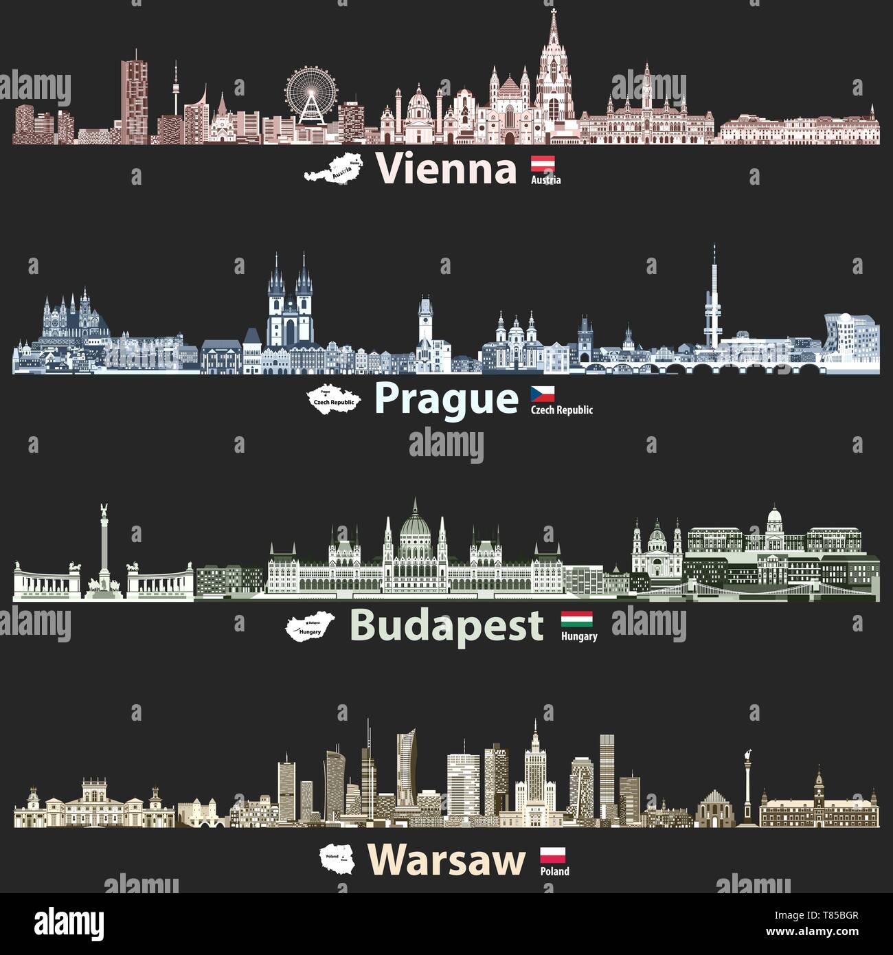Vektor Skylines von Wien, Prag, Budapest und Warschau Stock Vektor