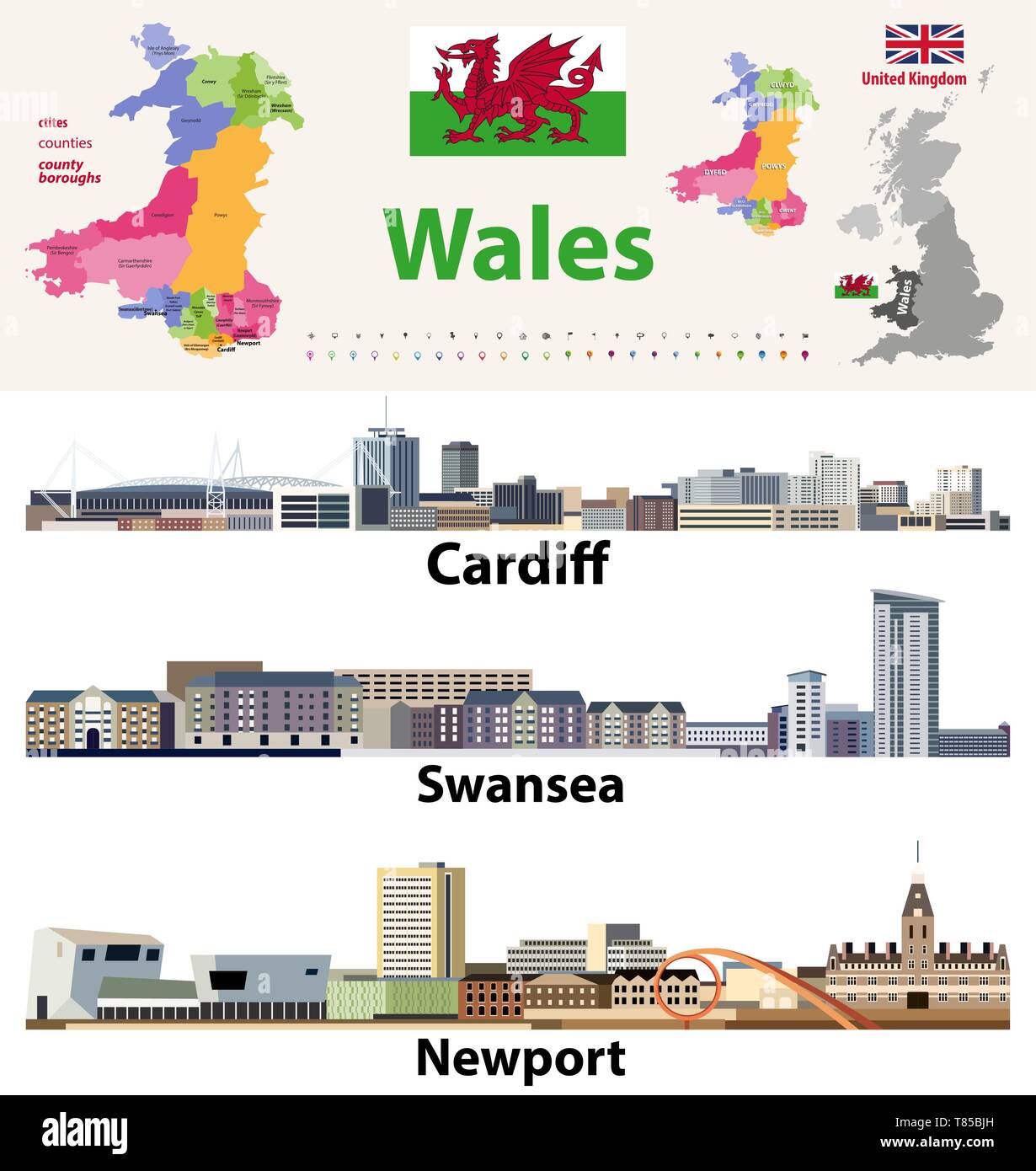 Wales Städte, Länder und Gemeinden Karte und Walisische größten Städte Skylines Symbole Stock Vektor