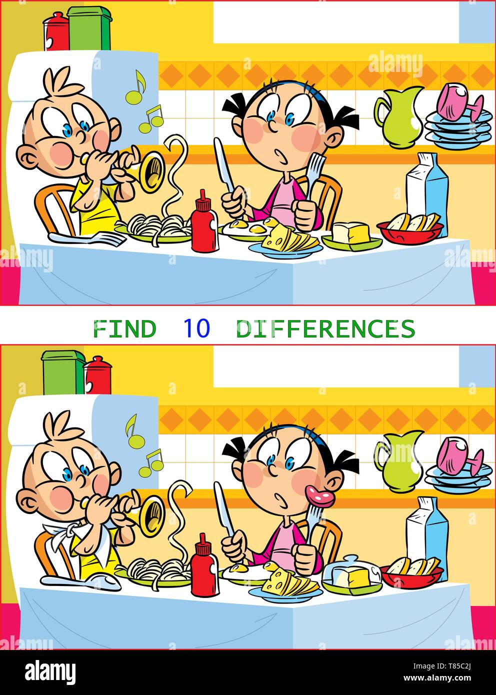 In Vector Illustration Puzzle mit Kindern, die sich an den Küchentisch. Die Aufgabe ist 10 Unterschiede zwischen den beiden Bildern zu finden. Stock Vektor