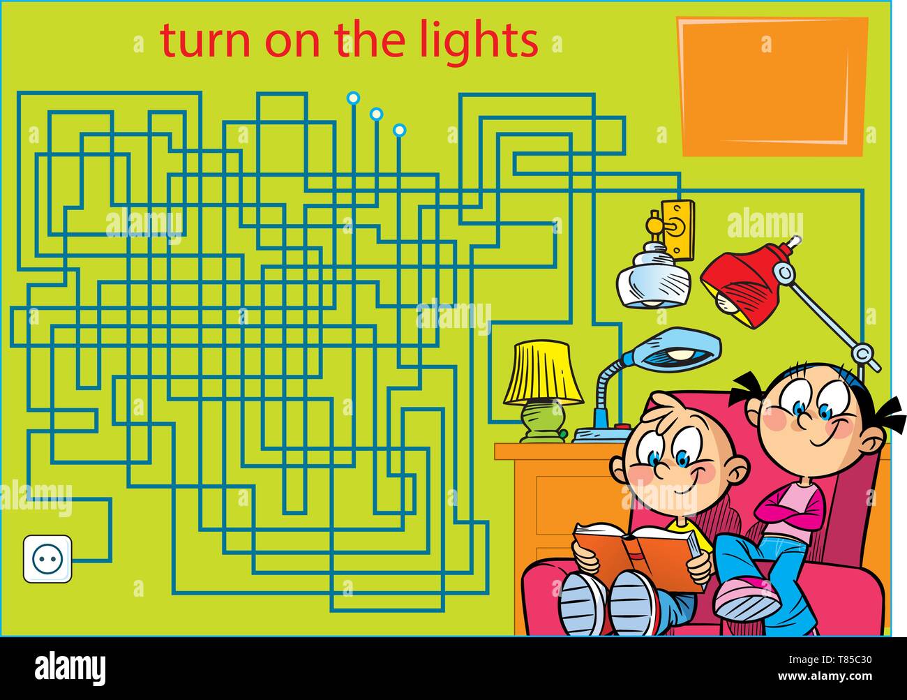 In Vector Illustration puzzle Labyrinth mit Kindern, ein Buch zu lesen. Einen Weg finden, um die Beleuchtung einzuschalten. Stock Vektor