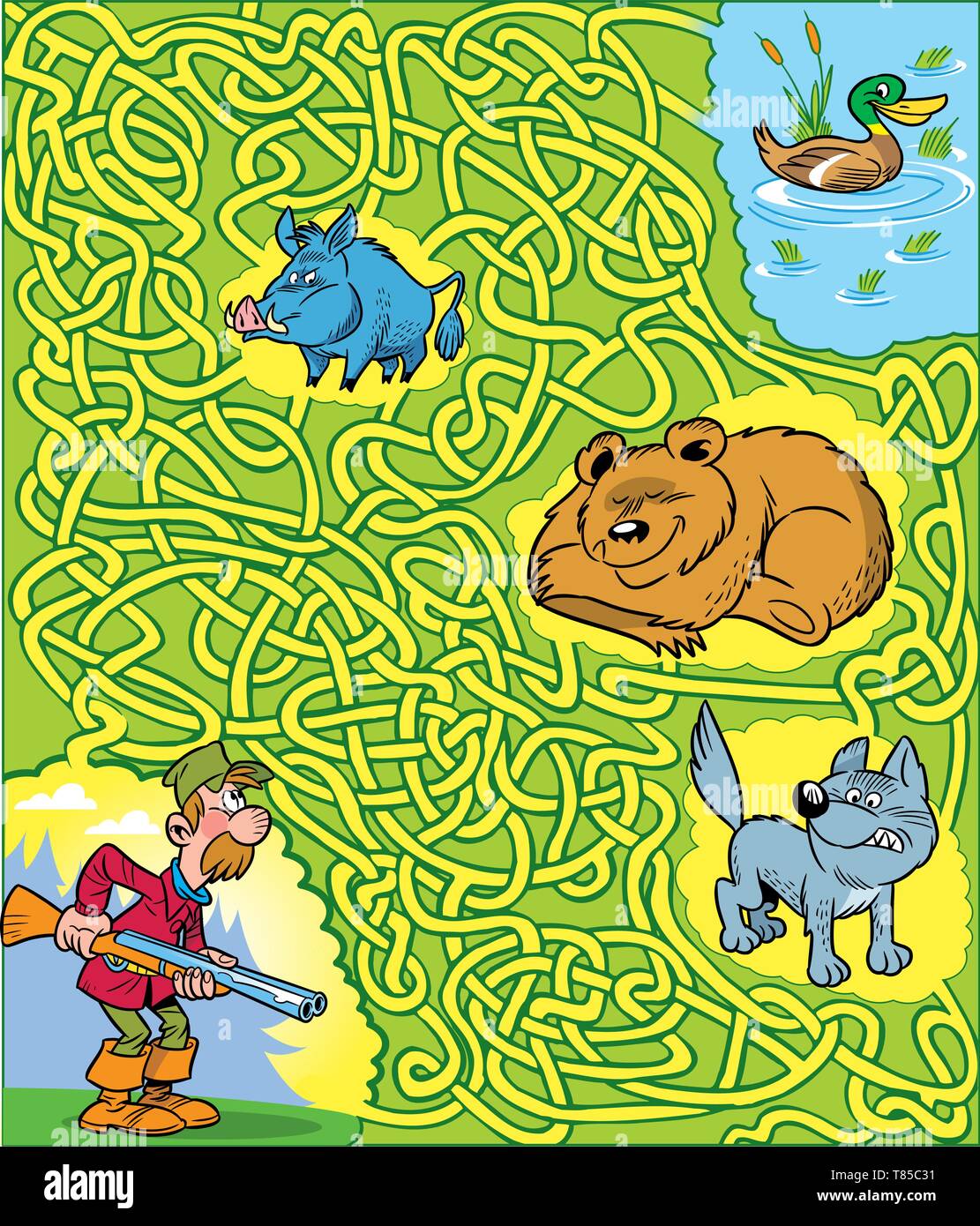 Auf Vektor illustration Puzzle mit einem Mann Jäger und Tiere. Die Aufgabe ist der Weg im Labyrinth zu finden und die Jäger helfen, die Ente zu finden. Stock Vektor