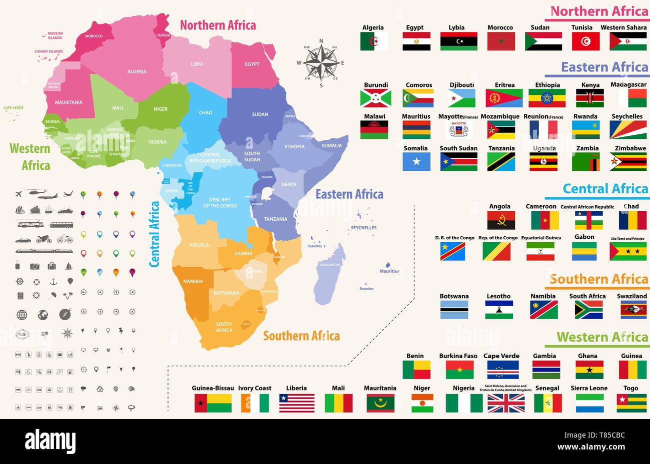 Vektor Karte von Afrika kontinent Farbige nach Regionen. Alle Flaggen der afrikanischen Länder Stock Vektor