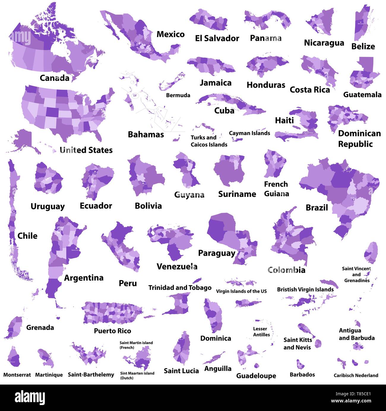 Lateinamerika, der Karibik, Nord- und Südamerikanischen Land Regionen Karten Stock Vektor