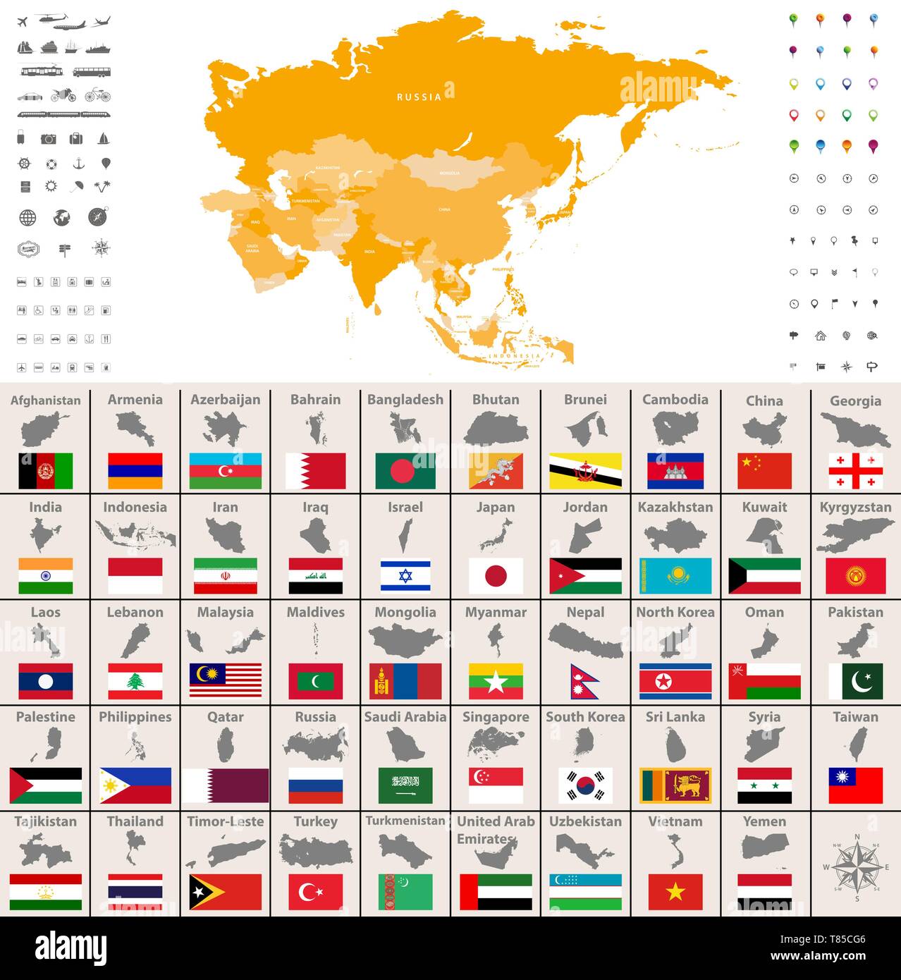 Vektorkarten und Flaggen aller asiatischen Länder in alphabetischer Reihenfolge Stock Vektor