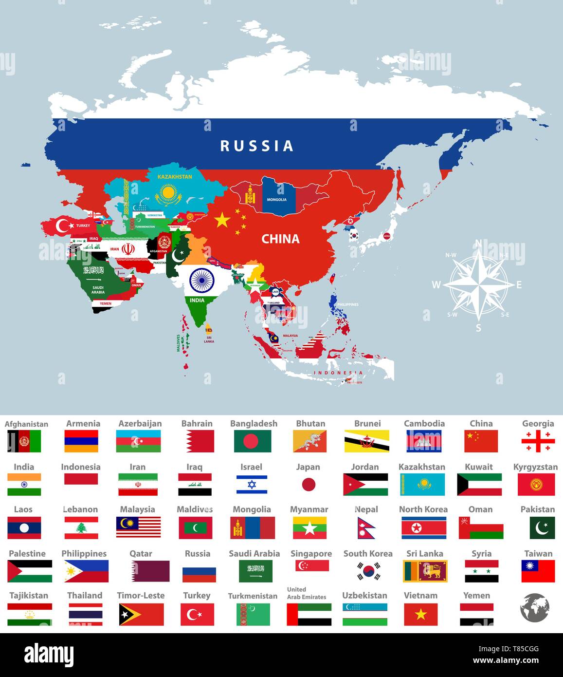 Vector Illustration der asiatischen Länder gemischt mit ihren nationalen Flaggen Stock Vektor