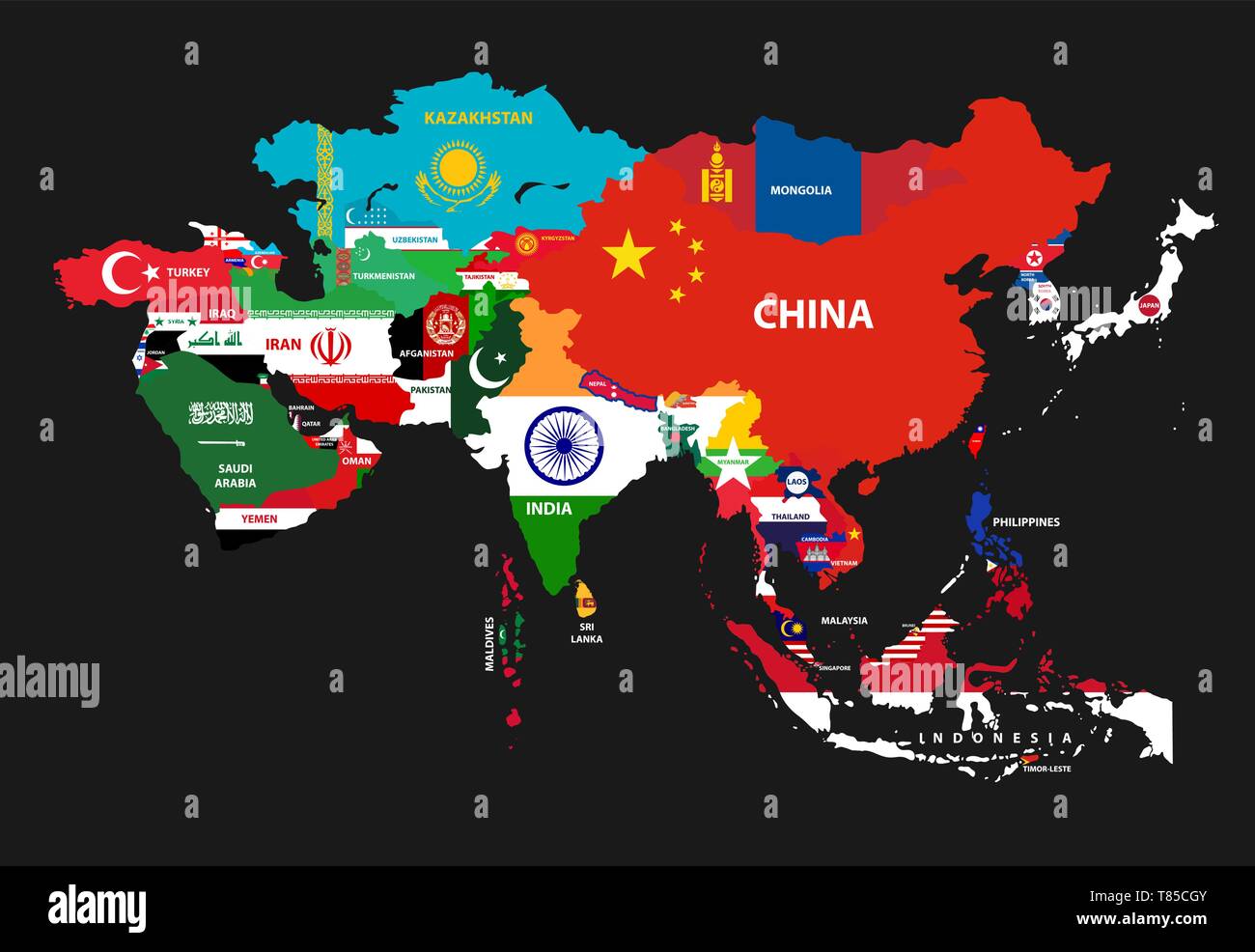 Vector Illustration der asiatischen Länder gemischt mit ihren nationalen Flaggen Stock Vektor