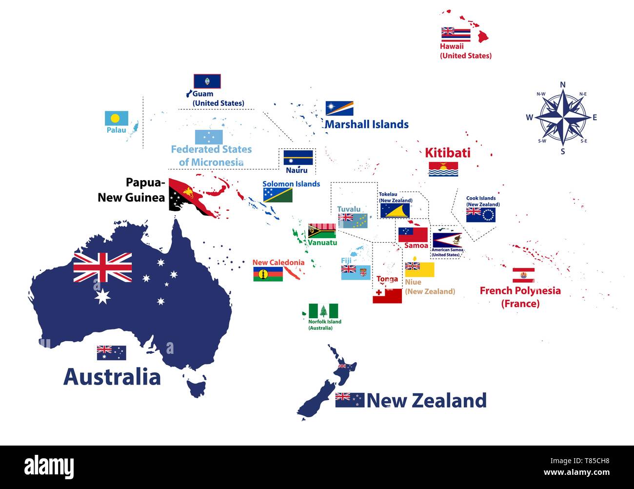 Australien und Ozeanien Region Vektor hoch detaillierte Karte mit den Namen und Nationale Fahnen Stock Vektor