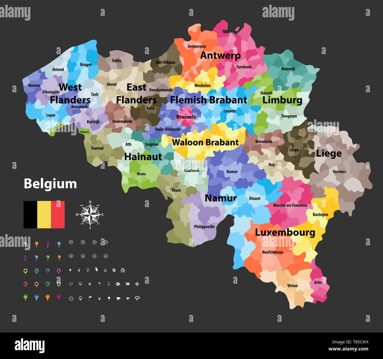 Belgien Karte der Provinzen und administrativen Unterteilungen (Gemeinden), Farbige durch Arrondissements Stock Vektor