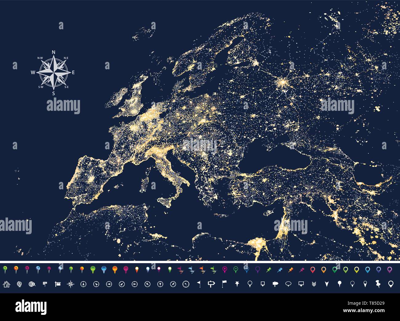 Vector Illustration von Europa die Lichter der Stadt Karte Stock Vektor