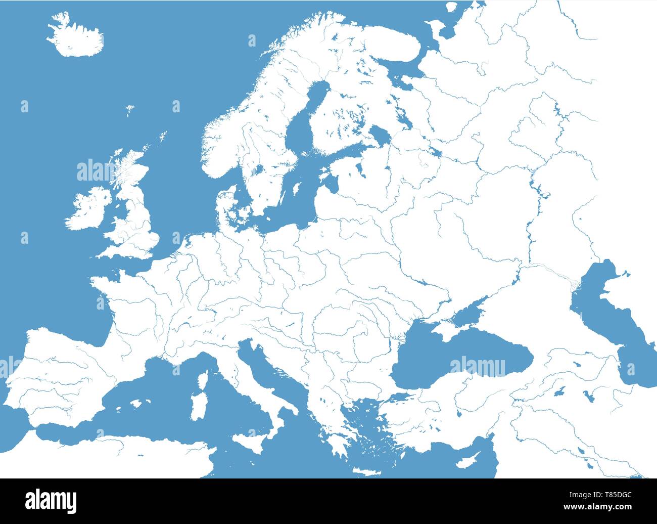 Europa hoch detaillierte Vektor politische Karte mit Flüssen und Ländernamen. Stock Vektor