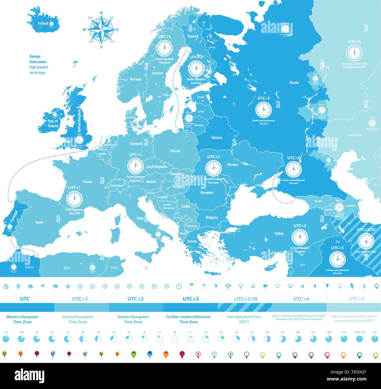Europa Zeitzonen hoch detaillierte Karte Stock Vektor