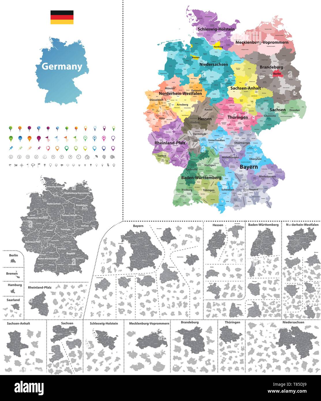 Deutschland hoch detaillierte Vektorkarte (farbige durch Staaten und Landkreisen Stock Vektor